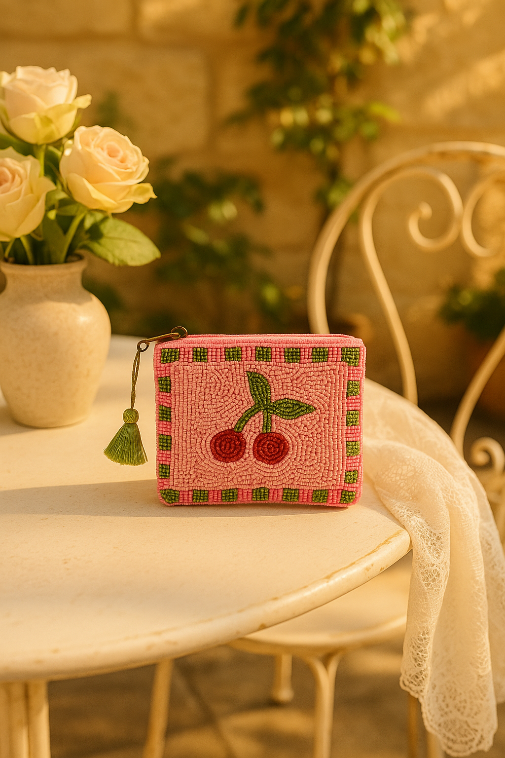 Clutch Lilu – Verspielte Beaded Bag mit Kirschen