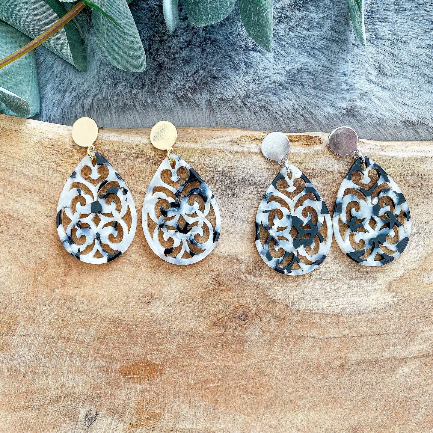 Barock Ohrringe "Clara" Leopardenmuster schwarz weiß grau - Feenmanufaktur