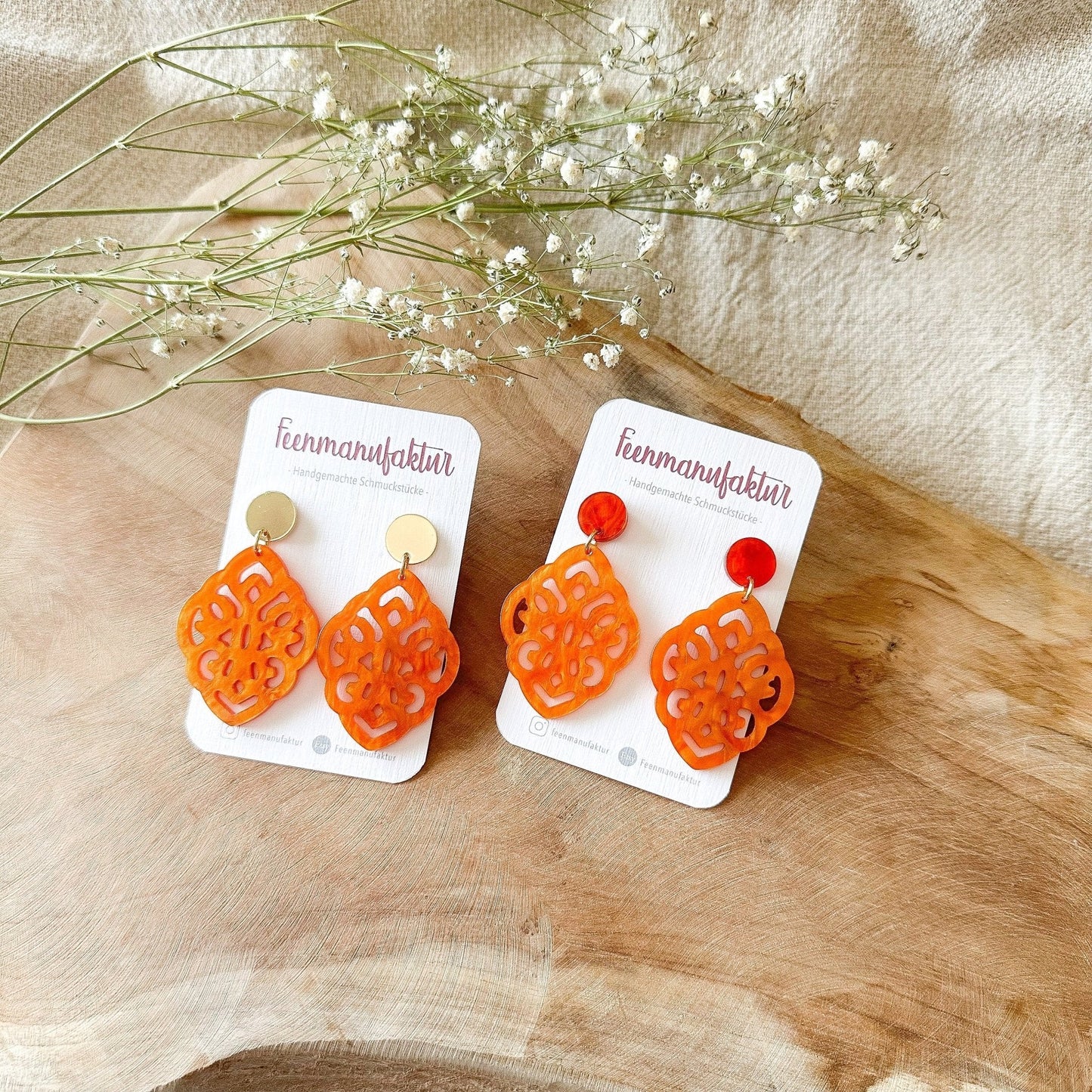 Barock Resin Ohrringe "Kate" orange - Stecker in silber & gold - Feenmanufaktur