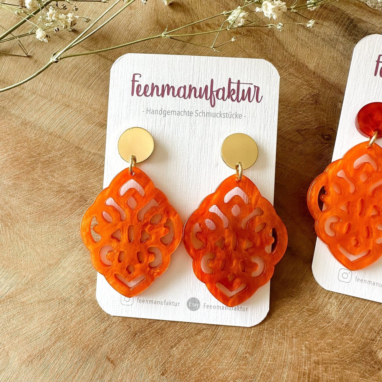 Barock Resin Ohrringe "Kate" orange - Stecker in silber & gold - Feenmanufaktur