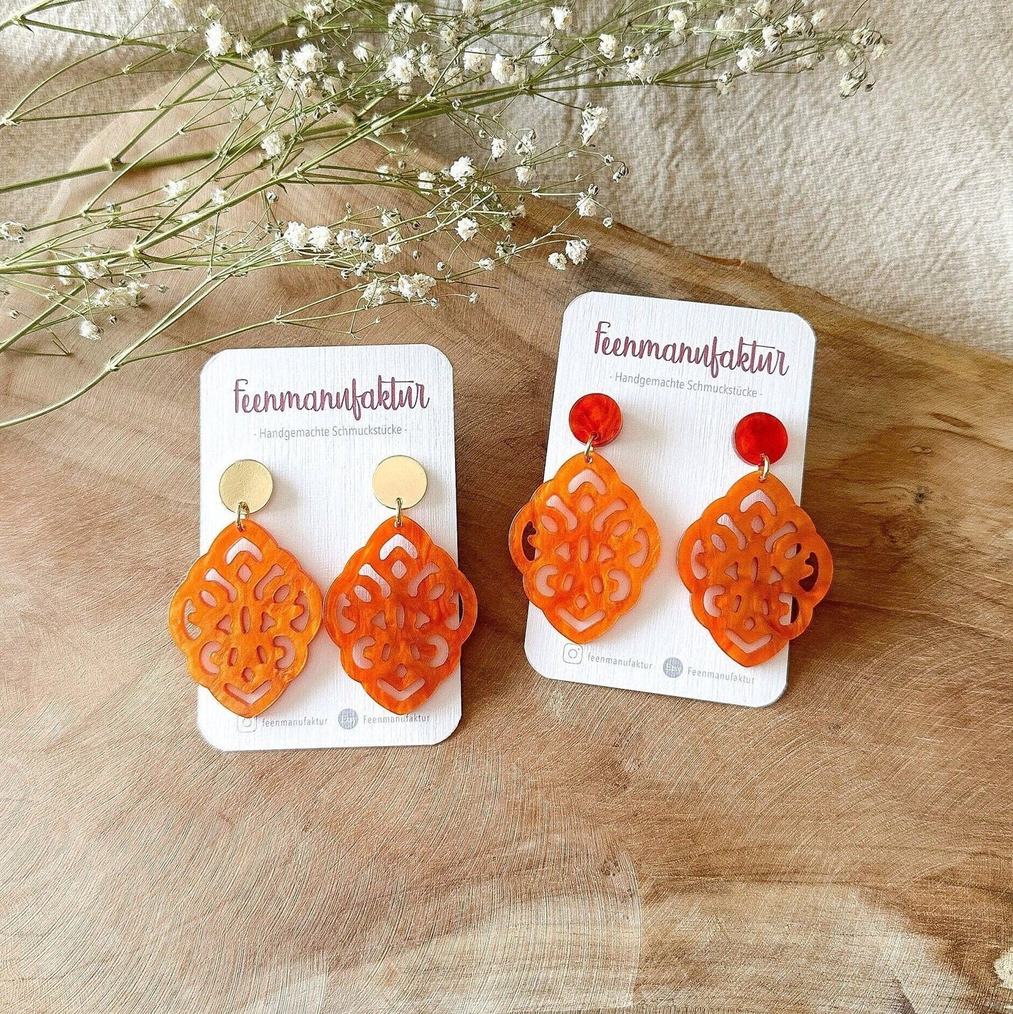 Barock Resin Ohrringe "Kate" orange - Stecker in silber & gold - Feenmanufaktur