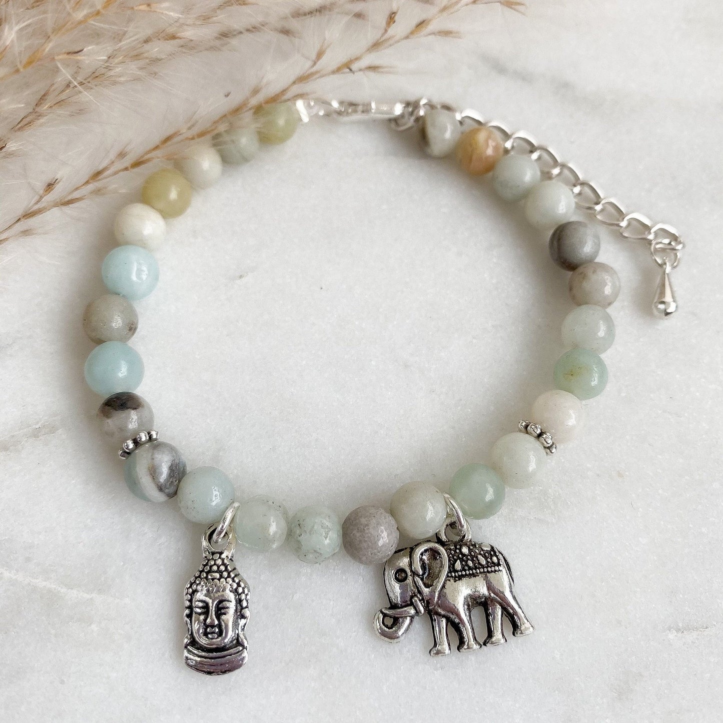 Buddha & Elefant Edelstein Armband - Reisen Indien Amazonit Aventurine Naturstein Perlenarmband Edelsteine silber Perlen Boho - Feenmanufaktur