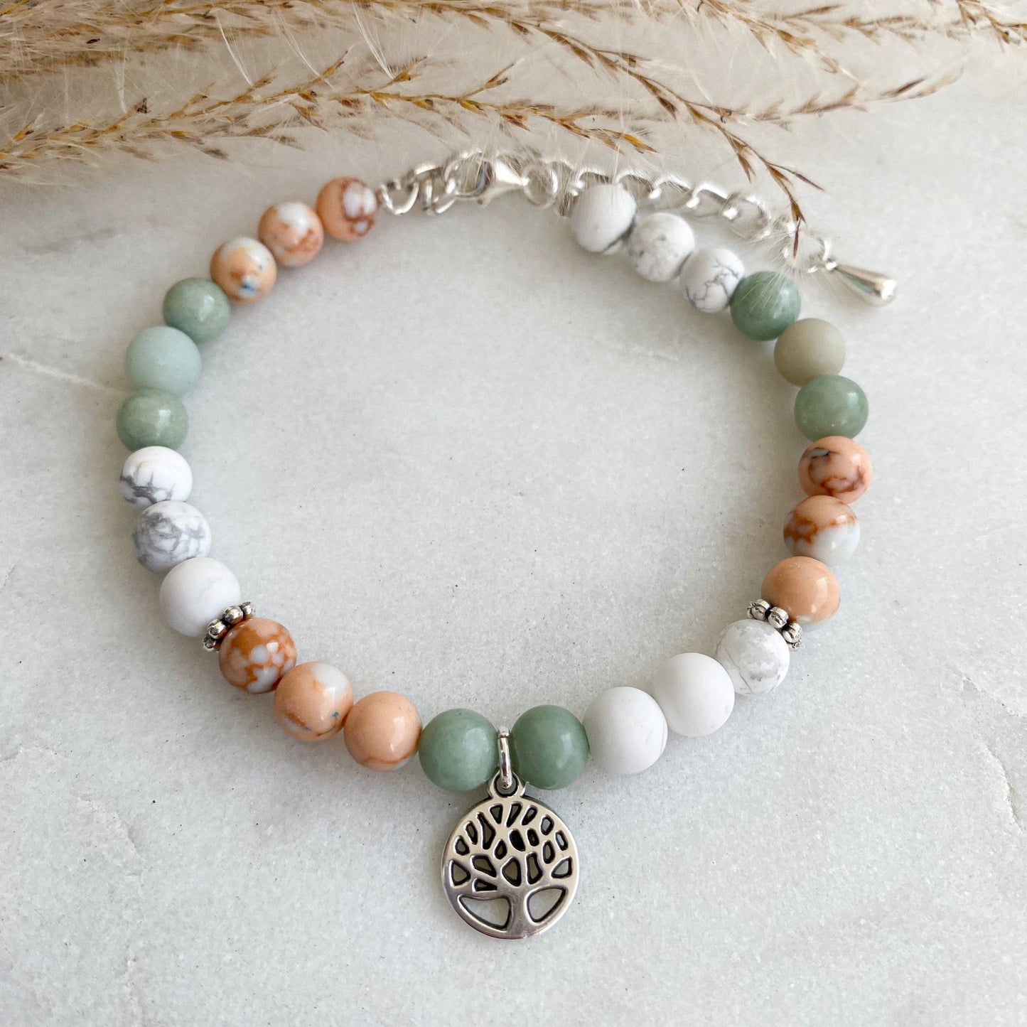 Edelstein Armband *Lebensbaum* Jade Perlen Naturstein silber mint grün - handgemacht individualisierbar marmoriert Perlenarmband Edelsteine - Feenmanufaktur