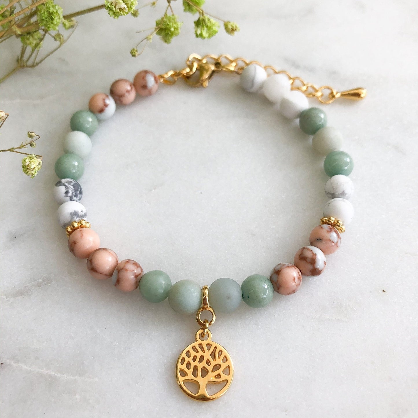 Edelstein Armband *Lebensbaum* Jade Perlen Naturstein silber mint grün - handgemacht individualisierbar marmoriert Perlenarmband Edelsteine - Feenmanufaktur