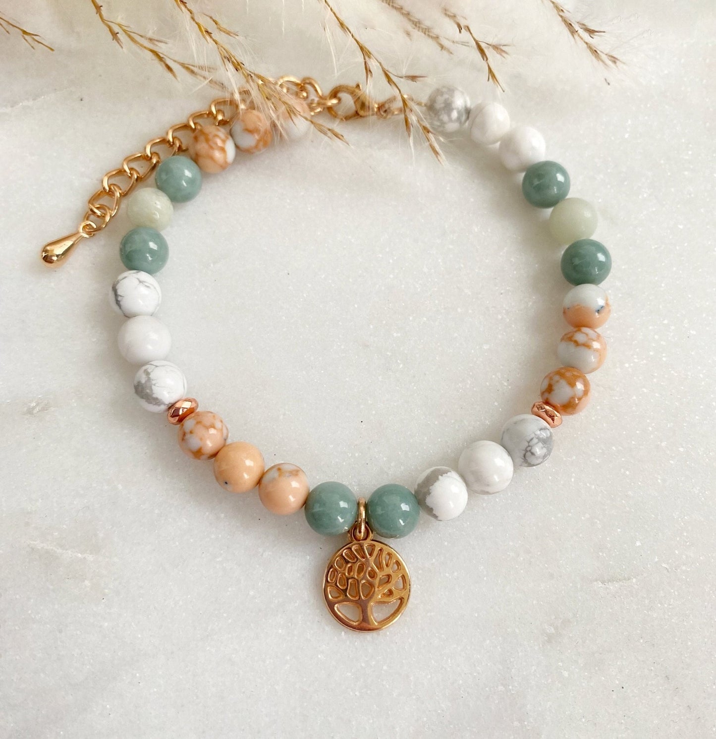 Edelstein Armband Roségold *Lebensbaum* Burma Jade Marmor Perlen Naturstein gold grün - Geburt Geschenk Perlenarmband Geburtstag rosa - Feenmanufaktur