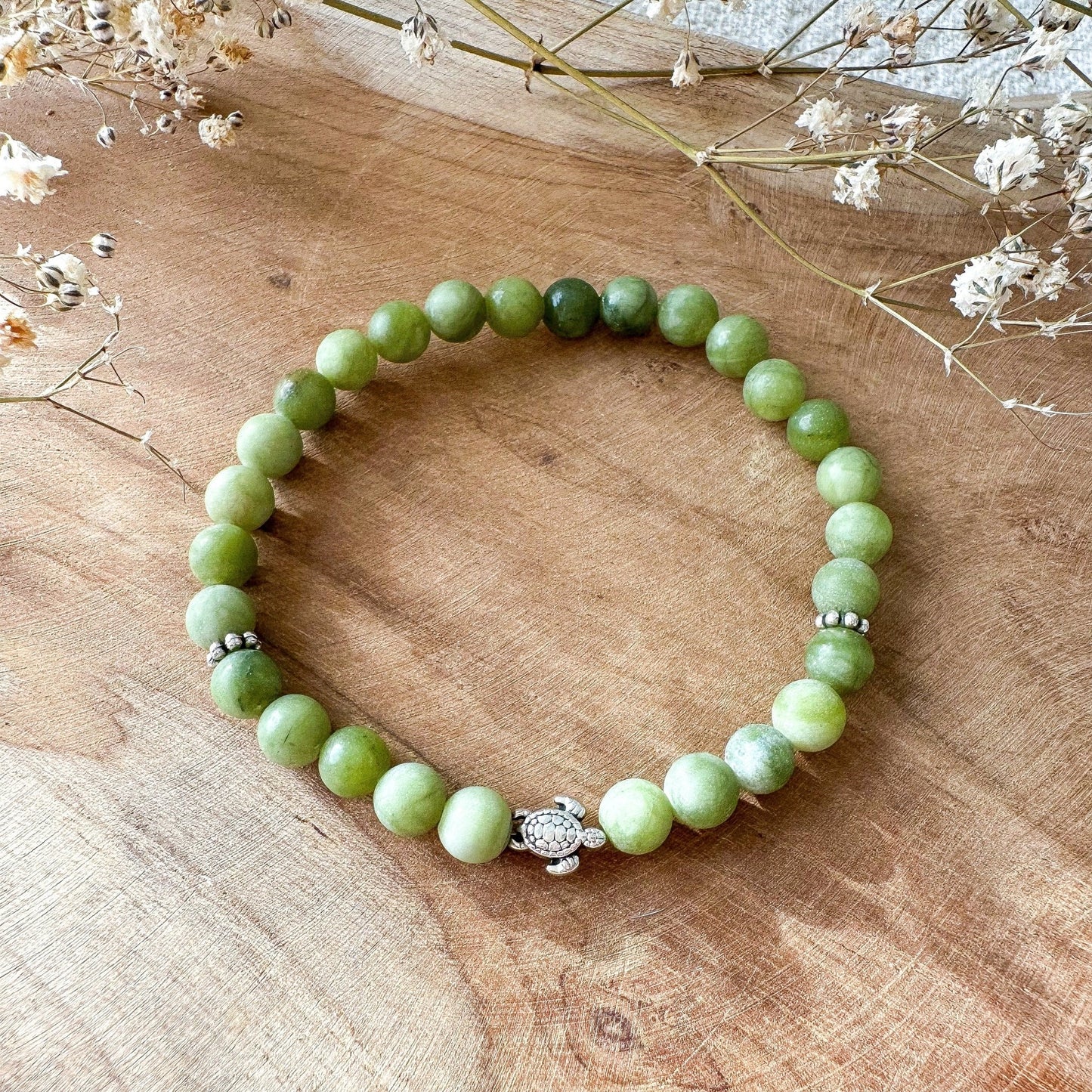 Elastisches "Schildkröte" Naturstein Armband in grün silber - Feenmanufaktur