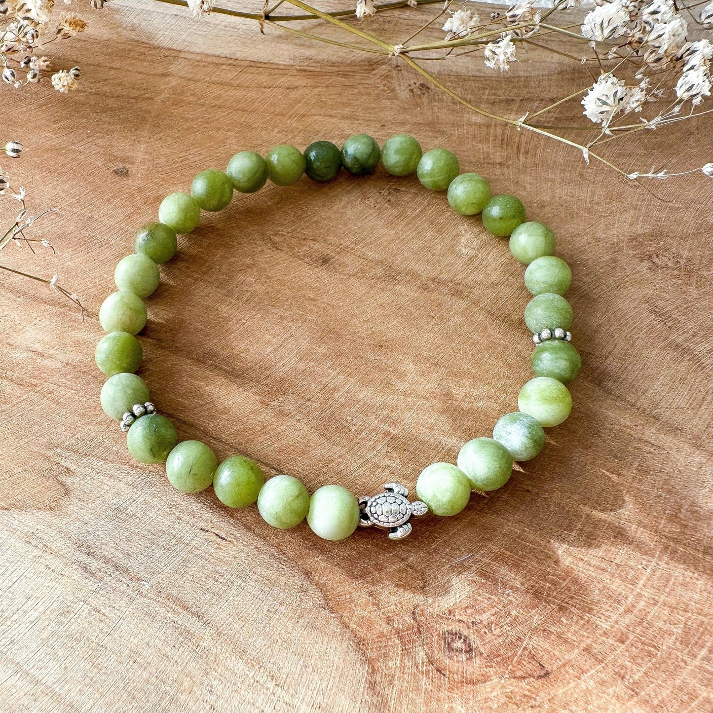 Elastisches "Schildkröte" Naturstein Armband in grün silber - Feenmanufaktur