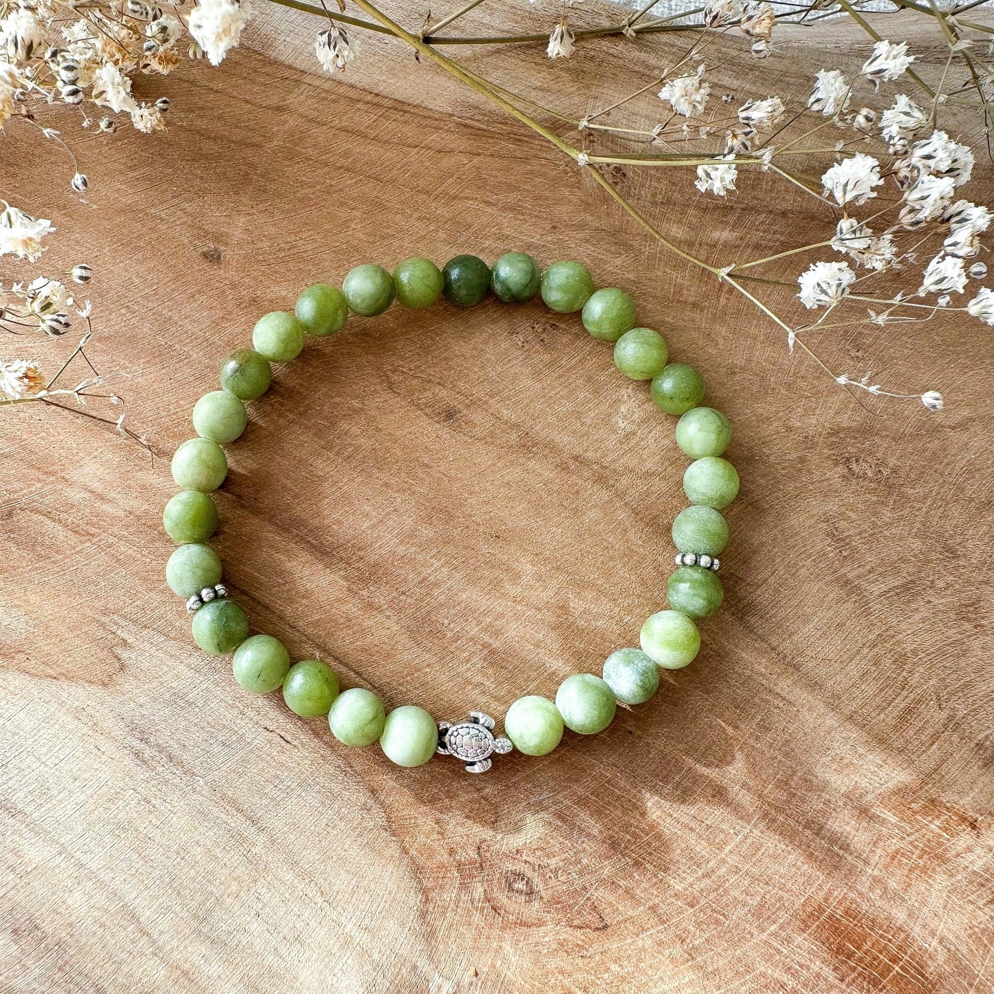 Elastisches "Schildkröte" Naturstein Armband in grün silber - Feenmanufaktur