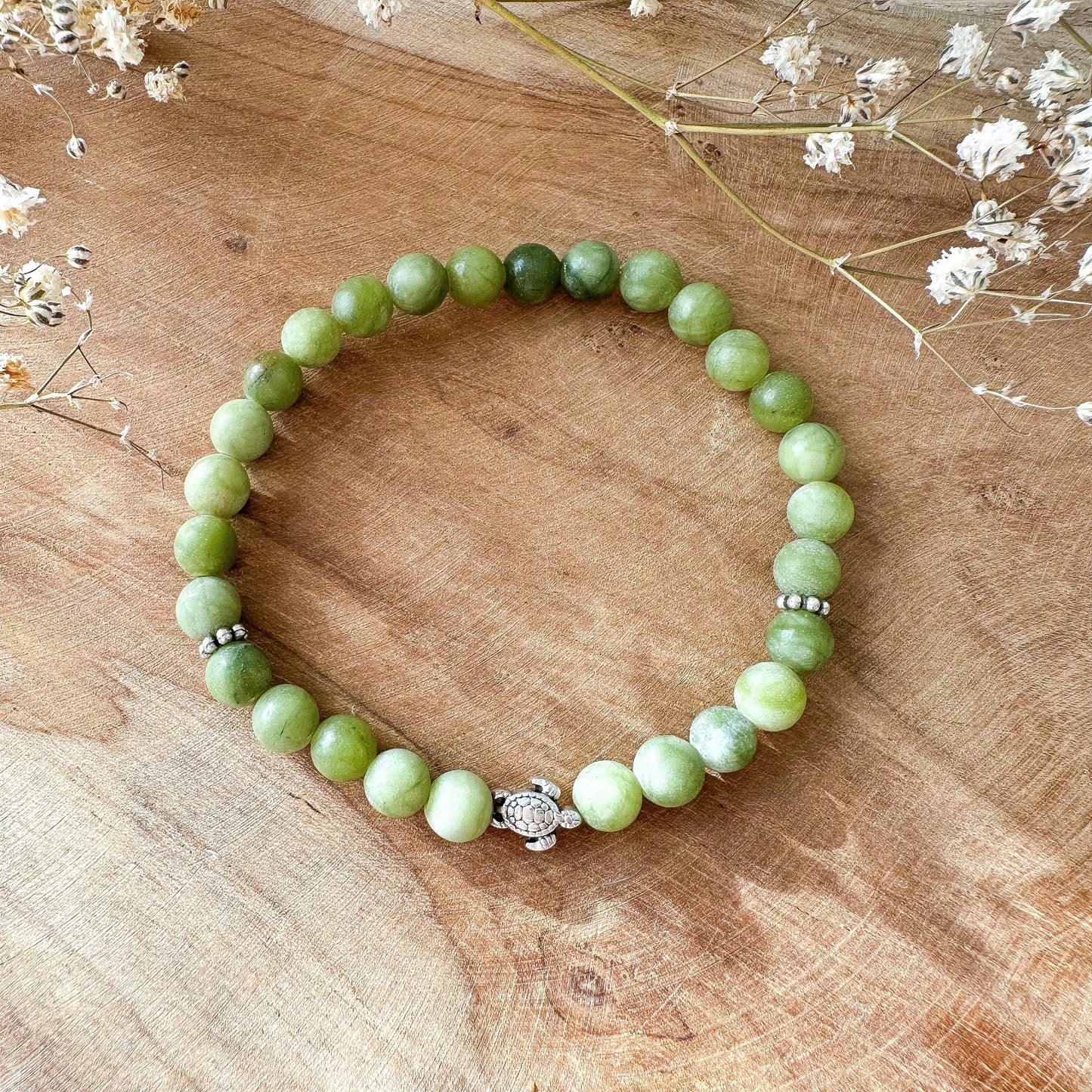 Elastisches "Schildkröte" Naturstein Armband in grün silber - Feenmanufaktur