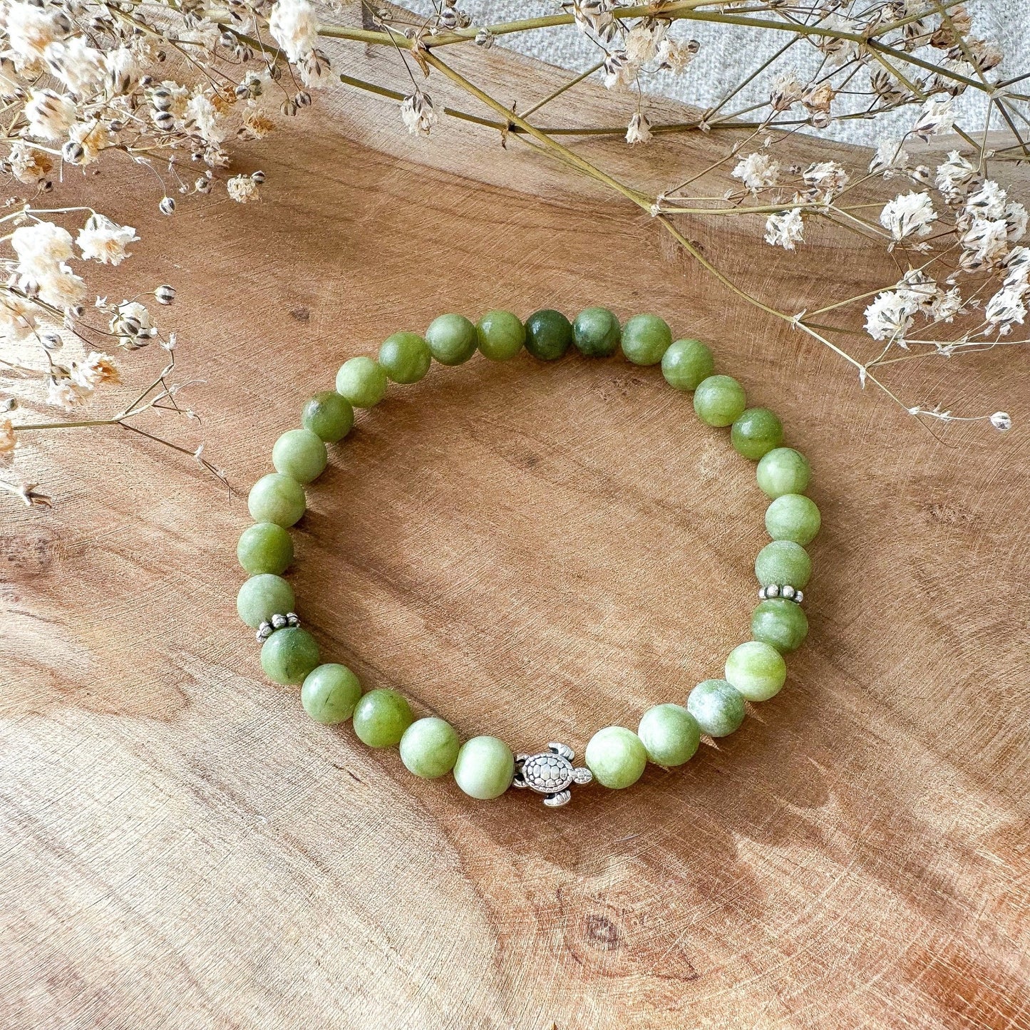 Elastisches "Schildkröte" Naturstein Armband in grün silber - Feenmanufaktur