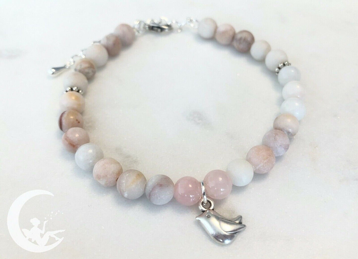 Frühlingsvogel Edelstein Armband Rosenquarz Jade Perlen Naturstein silber rosa - handgemacht - individualisierbar Perlenarmband Edelsteine - Feenmanufaktur