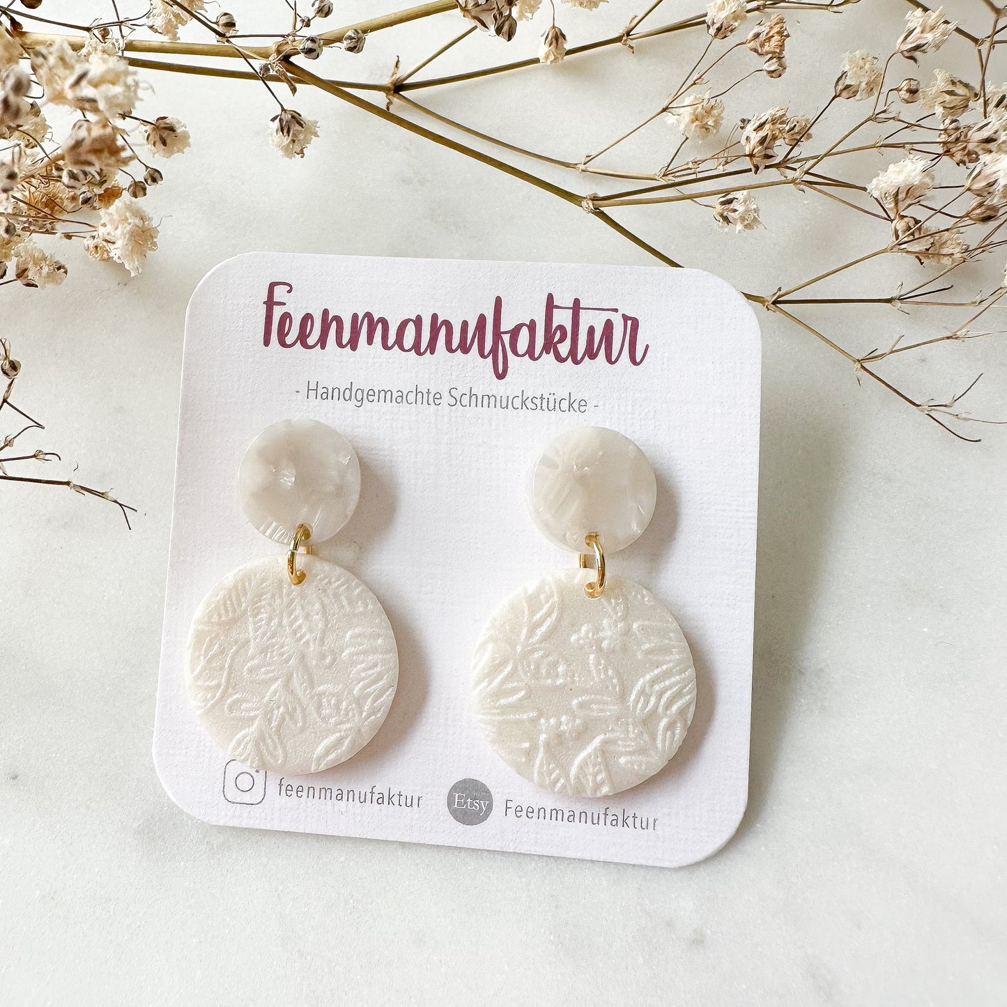 Perlmutt beige Polymer Clay & Resin Mix Circle Ohrringe