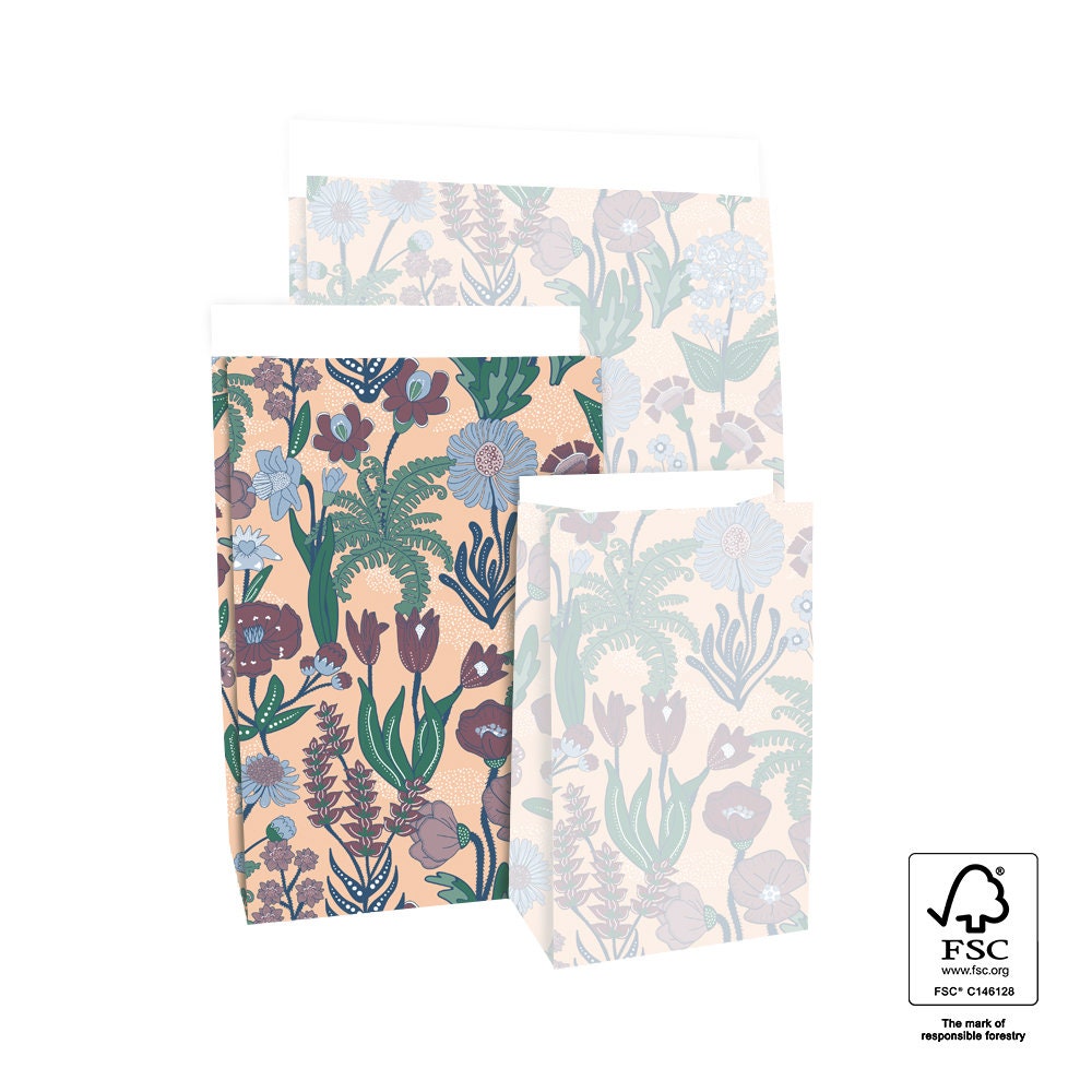 Blockbodenbeutel Tasche aus Papier 17 x 10 x 25 cm mit vintage Blumen