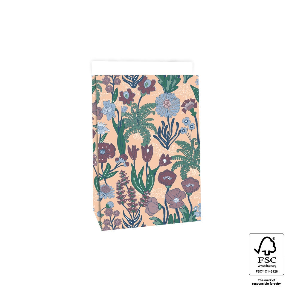 Blockbodenbeutel Tasche aus Papier 17 x 10 x 25 cm mit vintage Blumen