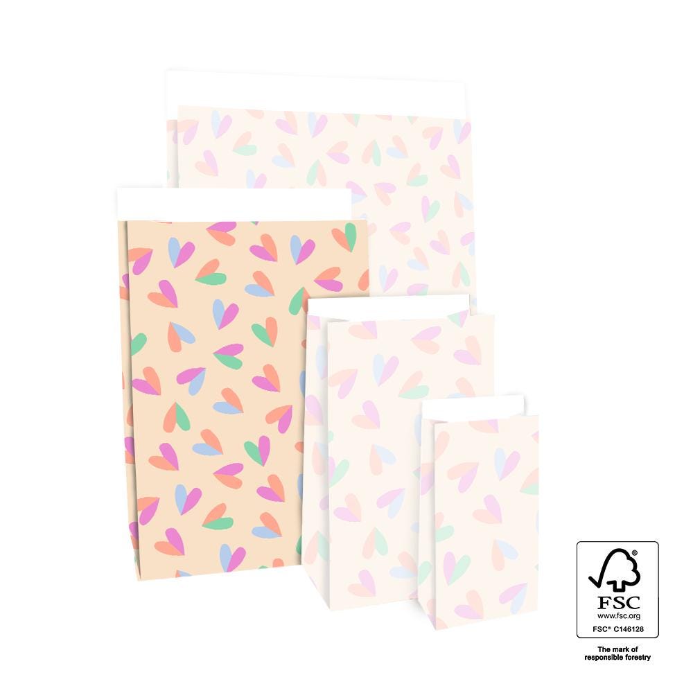 Blockbodenbeutel Tasche aus Papier 17 x 10 x 25 cm mit bunten Herzen
