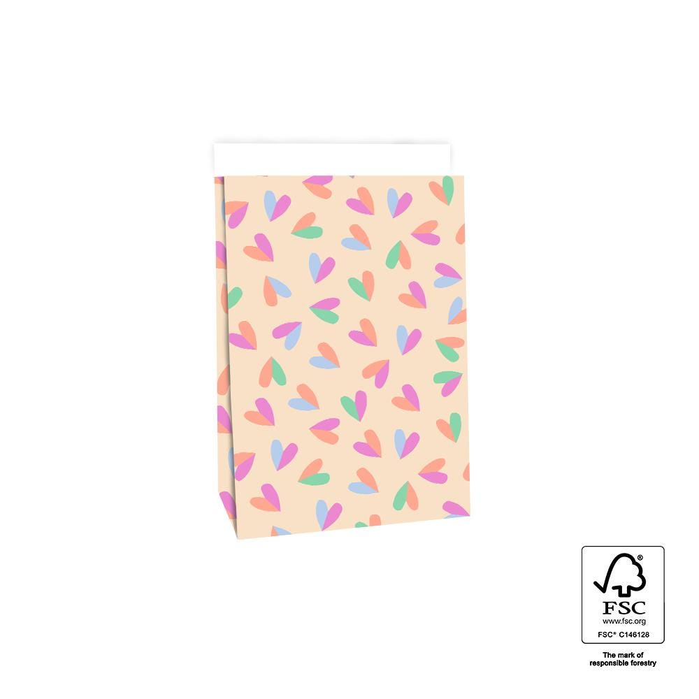Blockbodenbeutel Tasche aus Papier 17 x 10 x 25 cm mit bunten Herzen