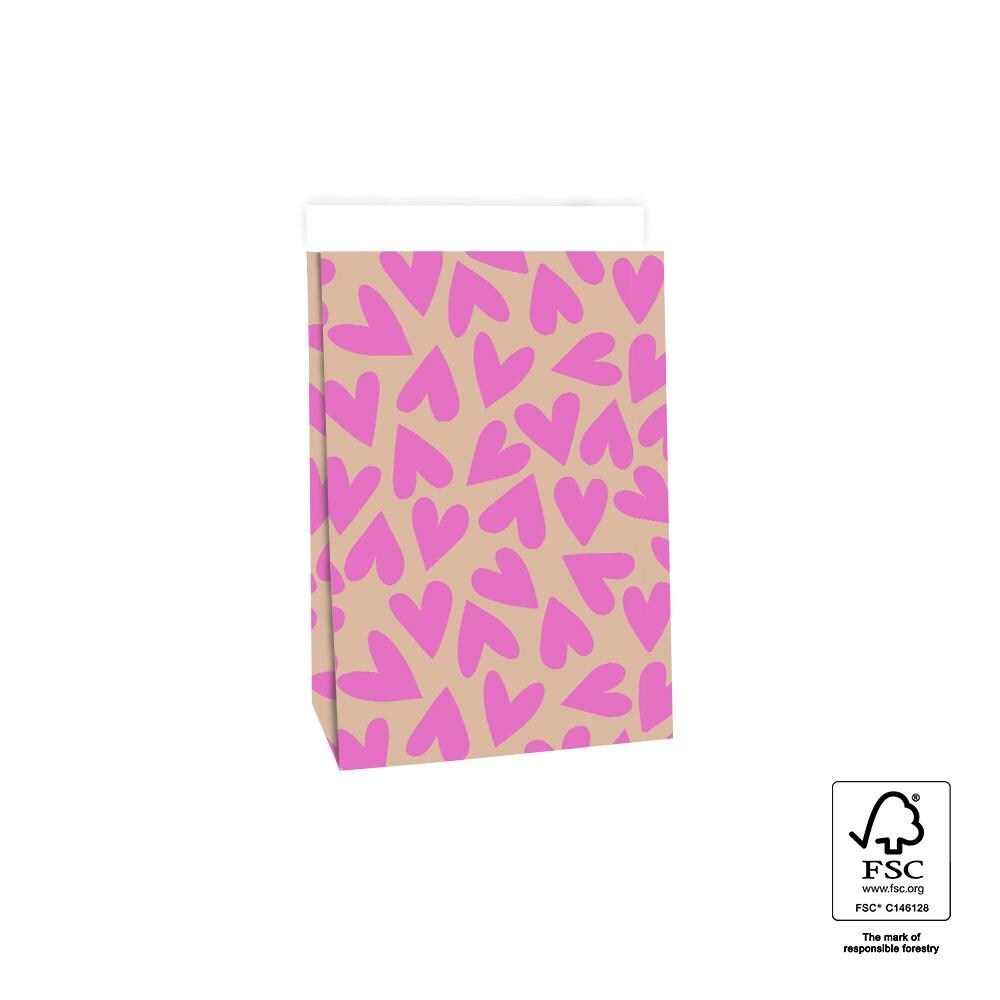 Blockbodenbeutel Tasche aus Papier 17 x 10 x 25 cm mit pinken Herzen