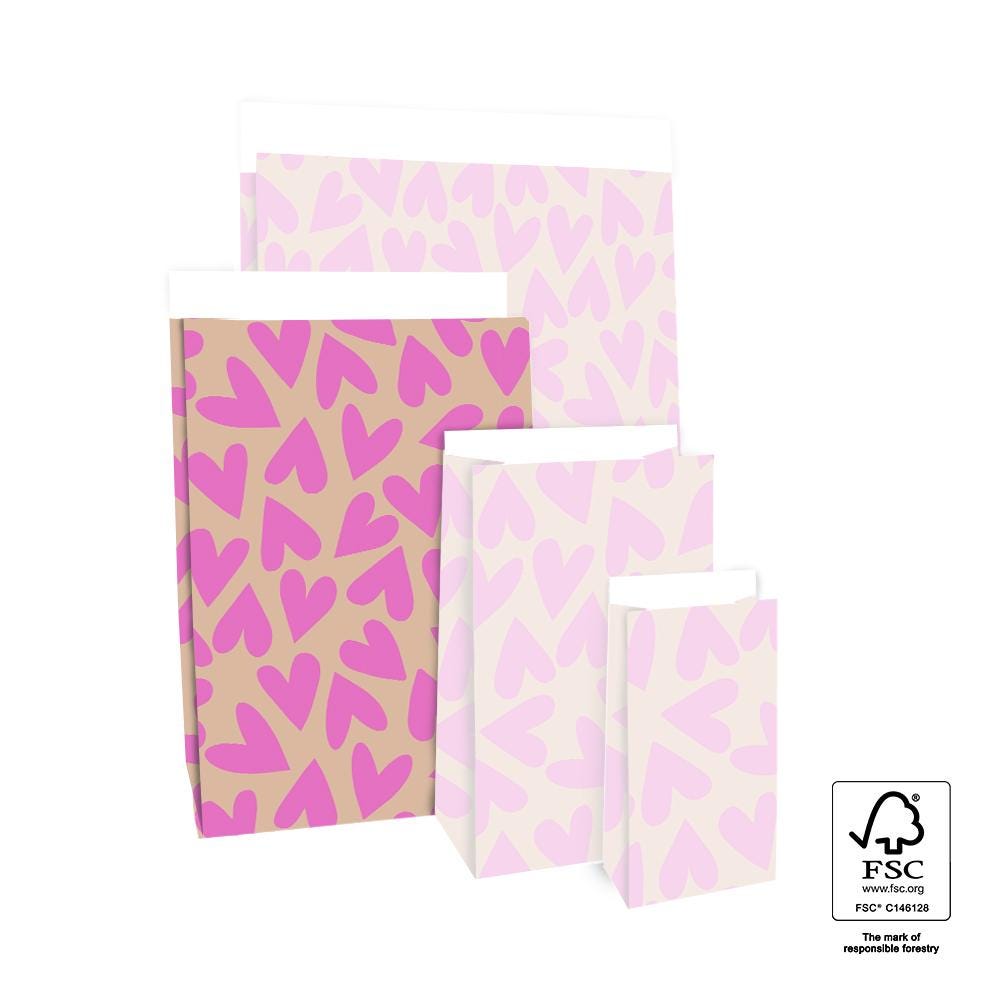 Blockbodenbeutel Tasche aus Papier 17 x 10 x 25 cm mit pinken Herzen