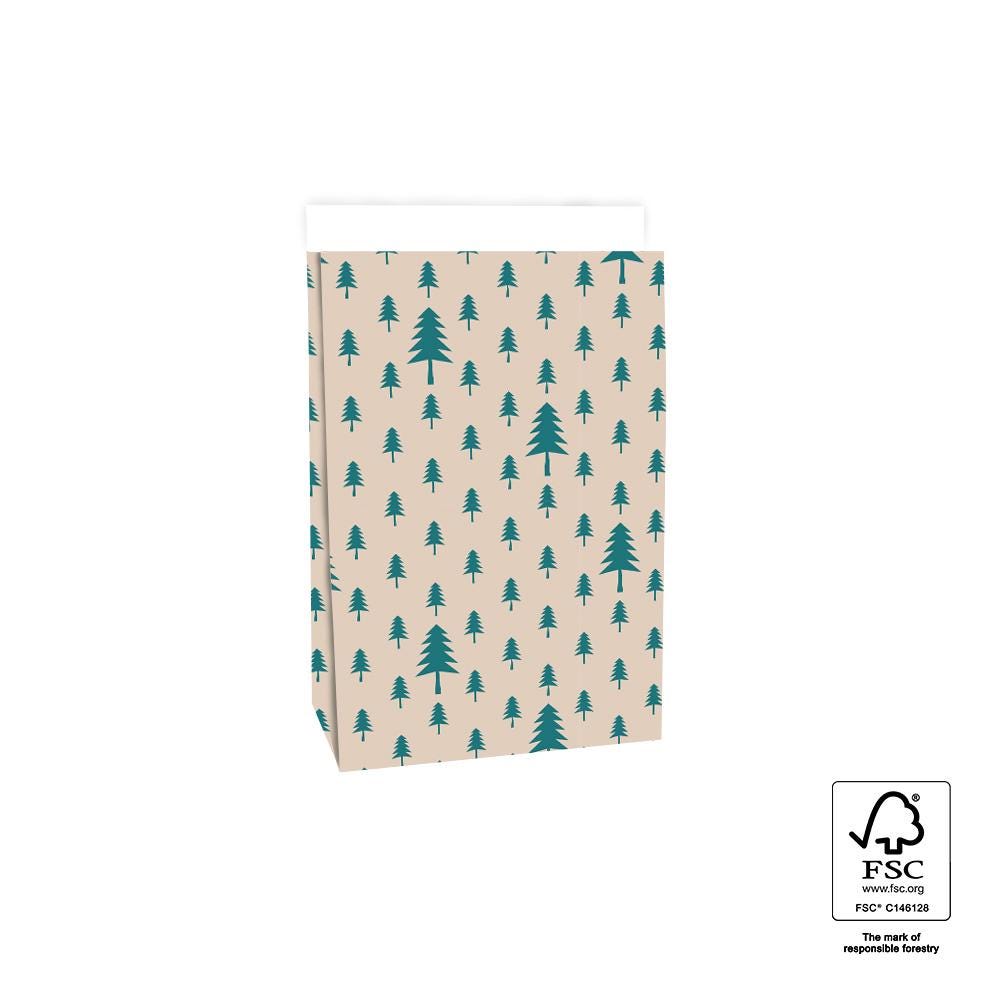 Geschentüte Blockbodenbeutel Tasche aus Papier 17 x 10 x 25 cm mit grünen Tannenbäumen