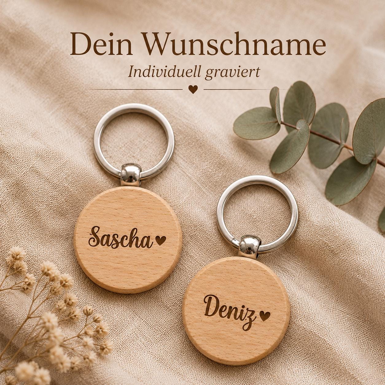 Personalisierter Holz-Schlüsselanhänger mit Name oder Wunschwort – graviertes Geschenk für Pärchen, Mama, Papa, Oma, Opa & Freunde