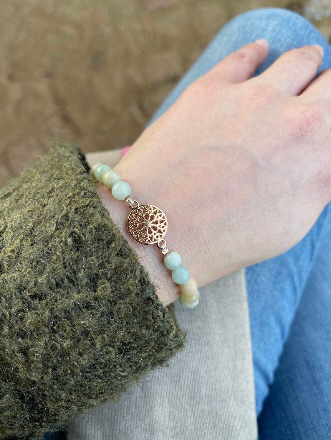 Lebensblume Edelstein Armband mit Amazonit und Aventurin Perlen Jade Naturstein blau rosegold Geschenk Edelsteine Mandala rosegold - Feenmanufaktur