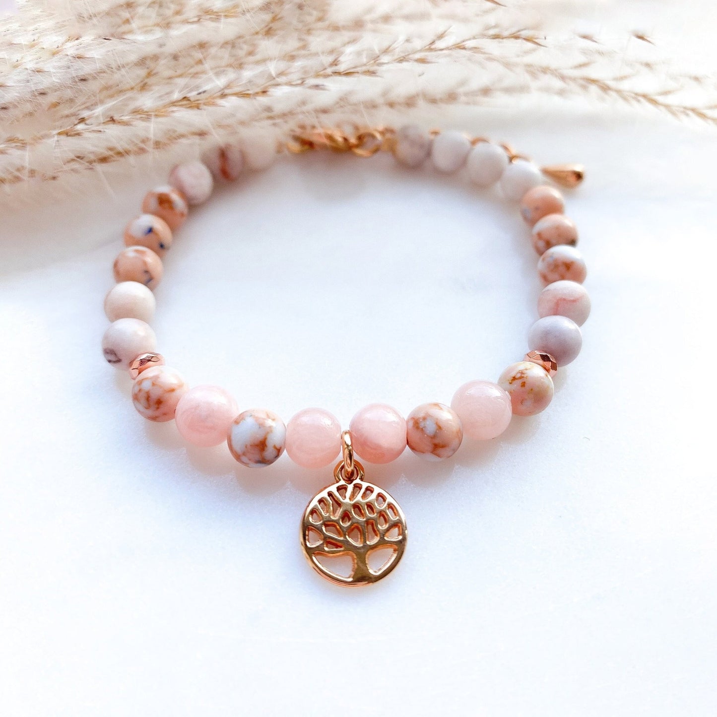 Rosenquarz Lebensbaum Armband in rosa roségold - Feenmanufaktur