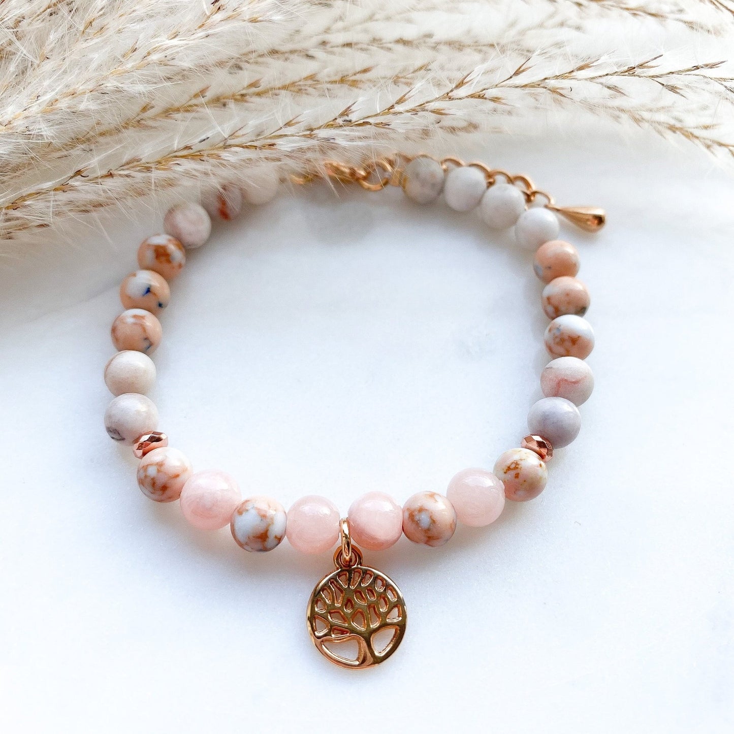 Rosenquarz Lebensbaum Armband in rosa roségold - Feenmanufaktur