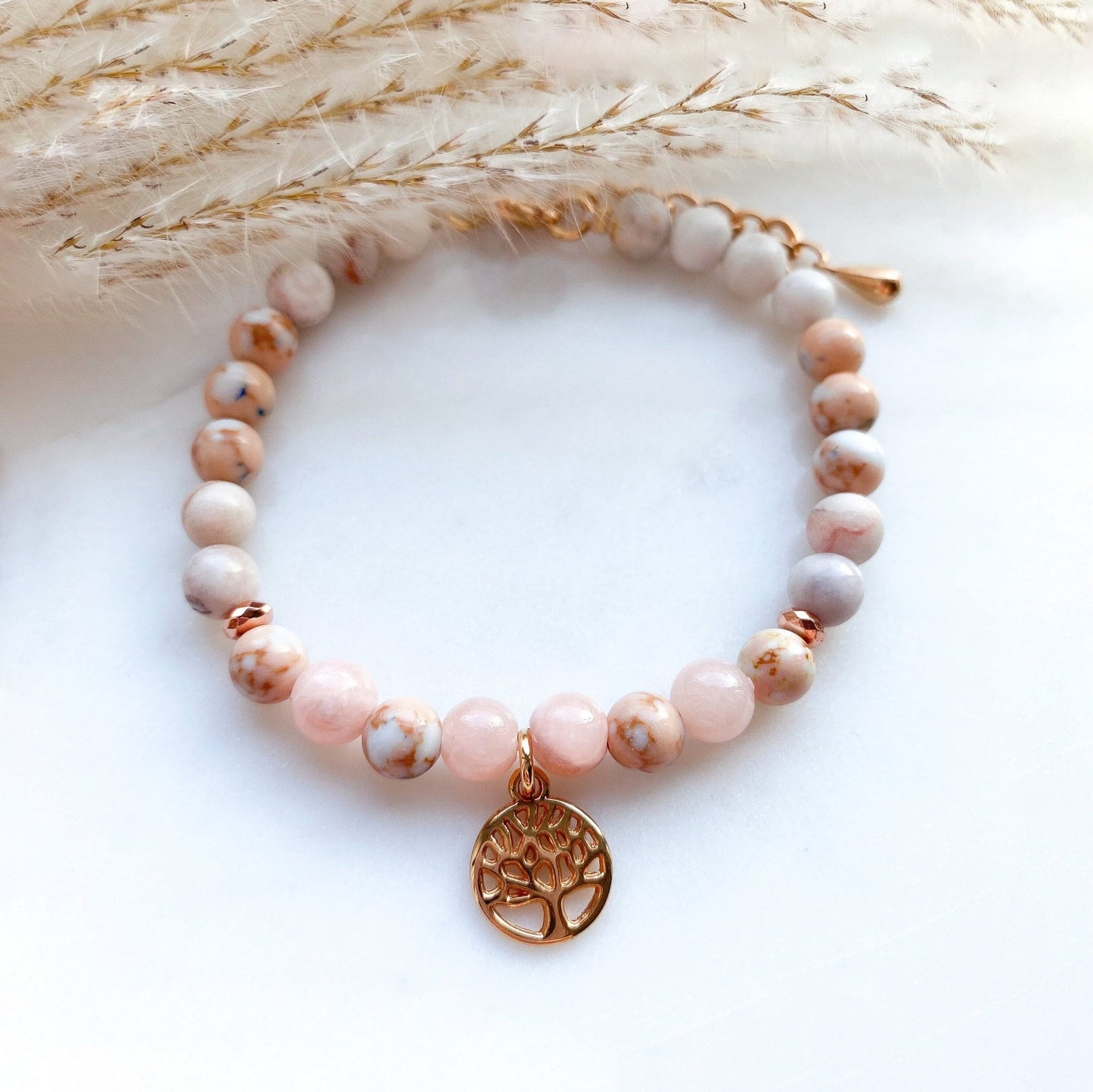Rosenquarz Lebensbaum Armband in rosa roségold - Feenmanufaktur