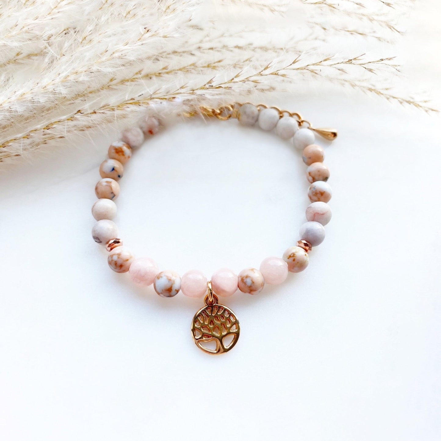 Rosenquarz Lebensbaum Armband in rosa roségold - Feenmanufaktur