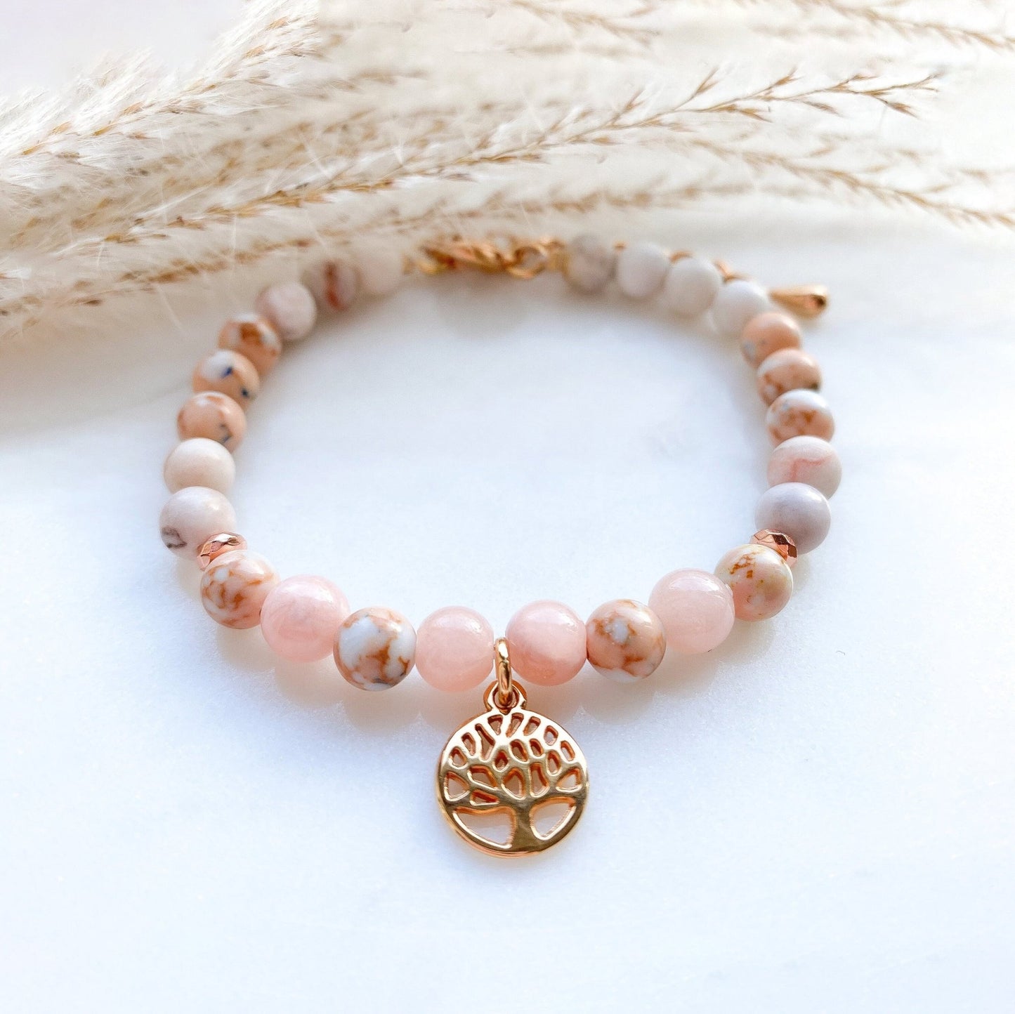 Rosenquarz Lebensbaum Armband in rosa roségold - Feenmanufaktur