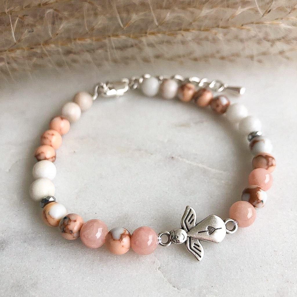 Schutzengel Edelstein Armband Rosenquarz Perlen Jade Naturstein silber rosa handgemacht - individualisierbar Geburt Geschenk Perlenarmband - Feenmanufaktur