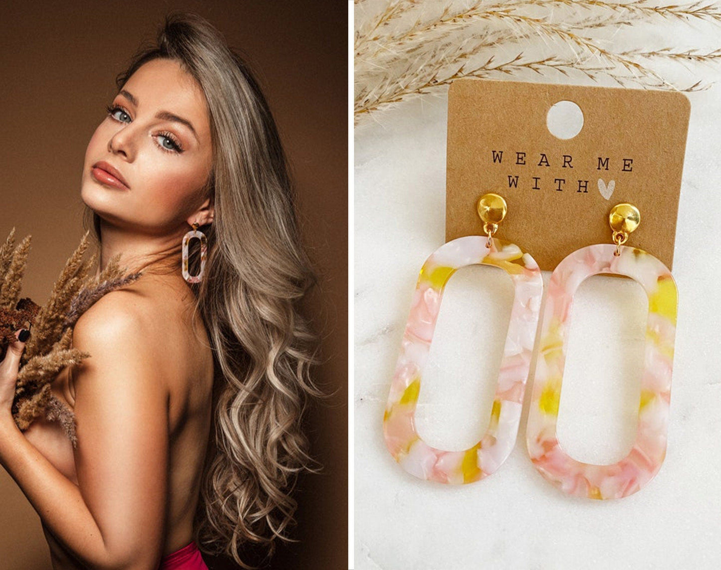 Statement Ohrringe Leo Retro Resin Harz *Blogger Stil* goldene Fassung Creolen pink gelb rosa leopard Bohostil Boho - Feenmanufaktur
