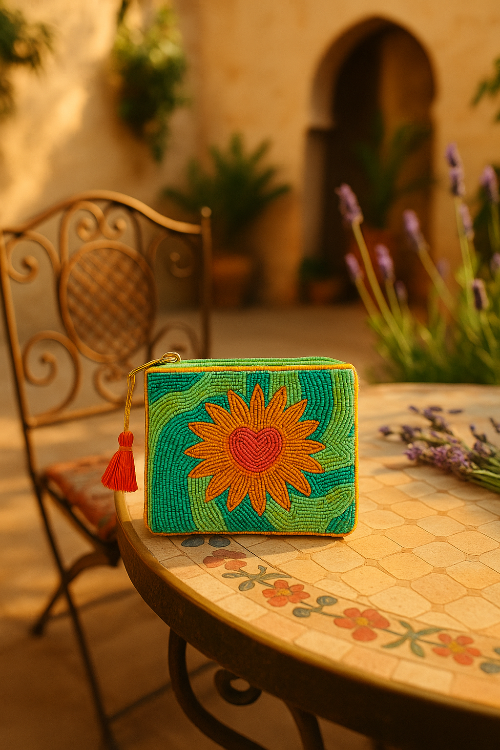 Clutch Mara – bestickte Perlen-Tasche Herzblume
