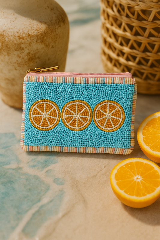 Mini-Clutch Nia – bestickte Perlen-Tasche mit Orangenscheiben