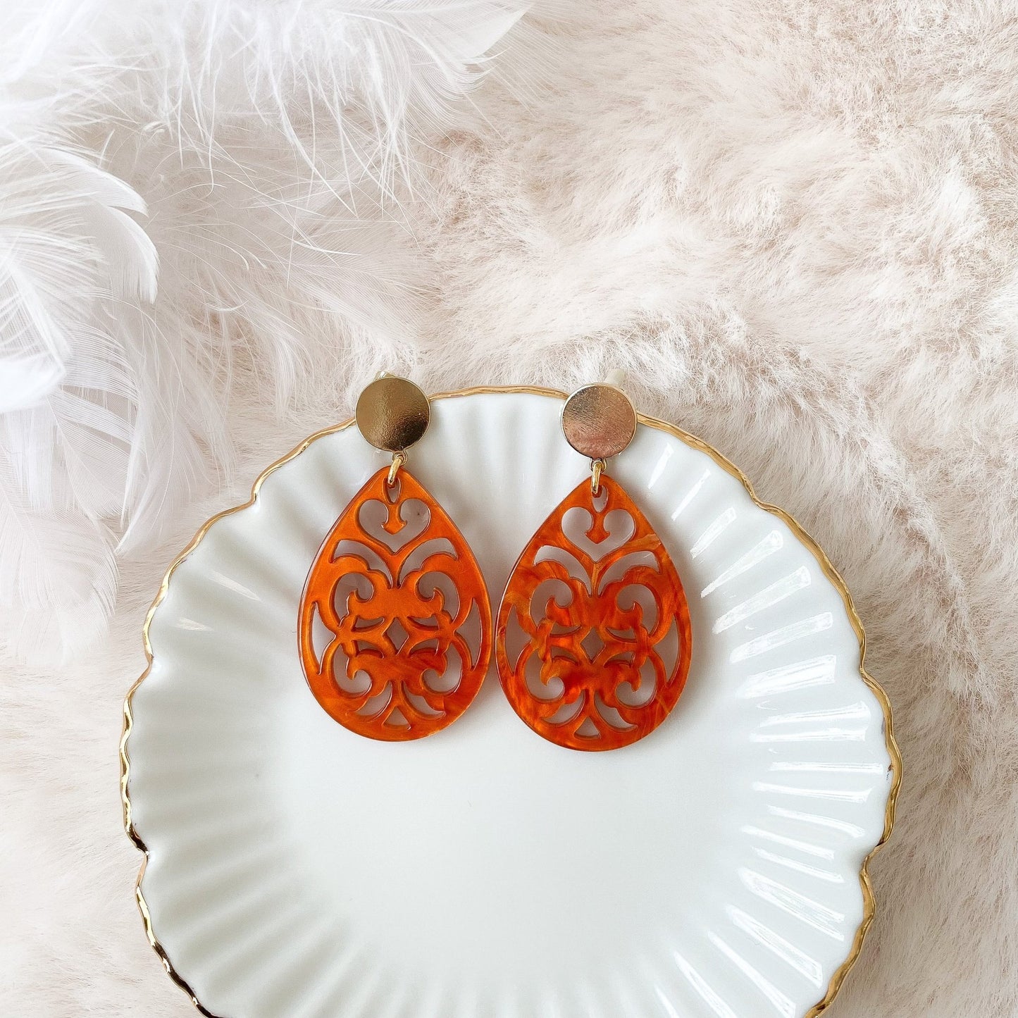 Barock Ohrringe "Clara" orange - Stecker in gold & silber - Epoxid Harz - Feenmanufaktur