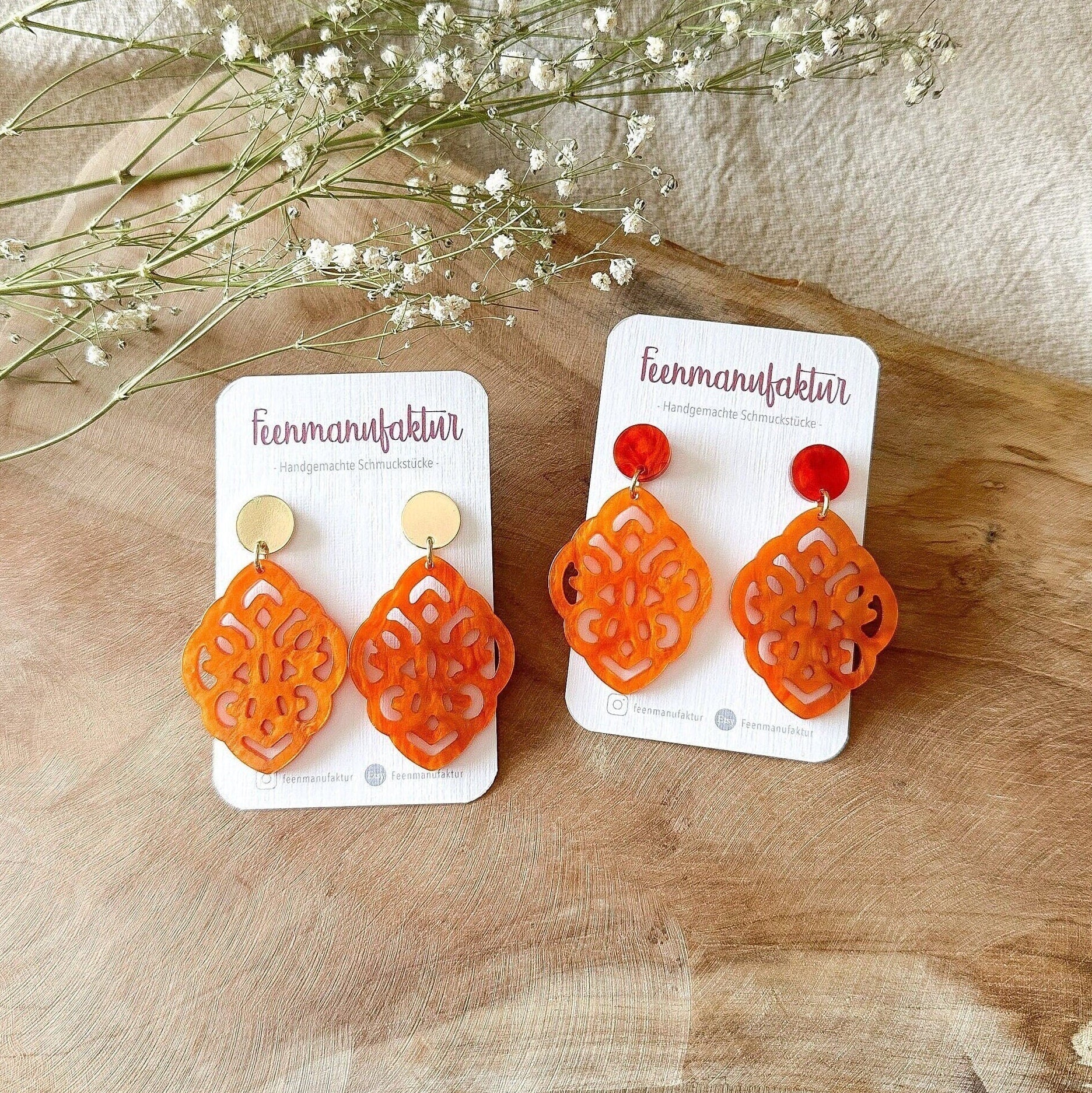 Barock Resin Ohrringe "Kate" orange - Stecker in silber & gold - Feenmanufaktur