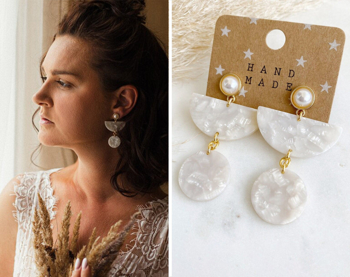 Boho Ohrringe Resin Harz *Blogger Stil* goldene Fassung mit Perle orientalisch weiß creme Hochzeit Süßwasserperle Boho Kreis Statement - Feenmanufaktur