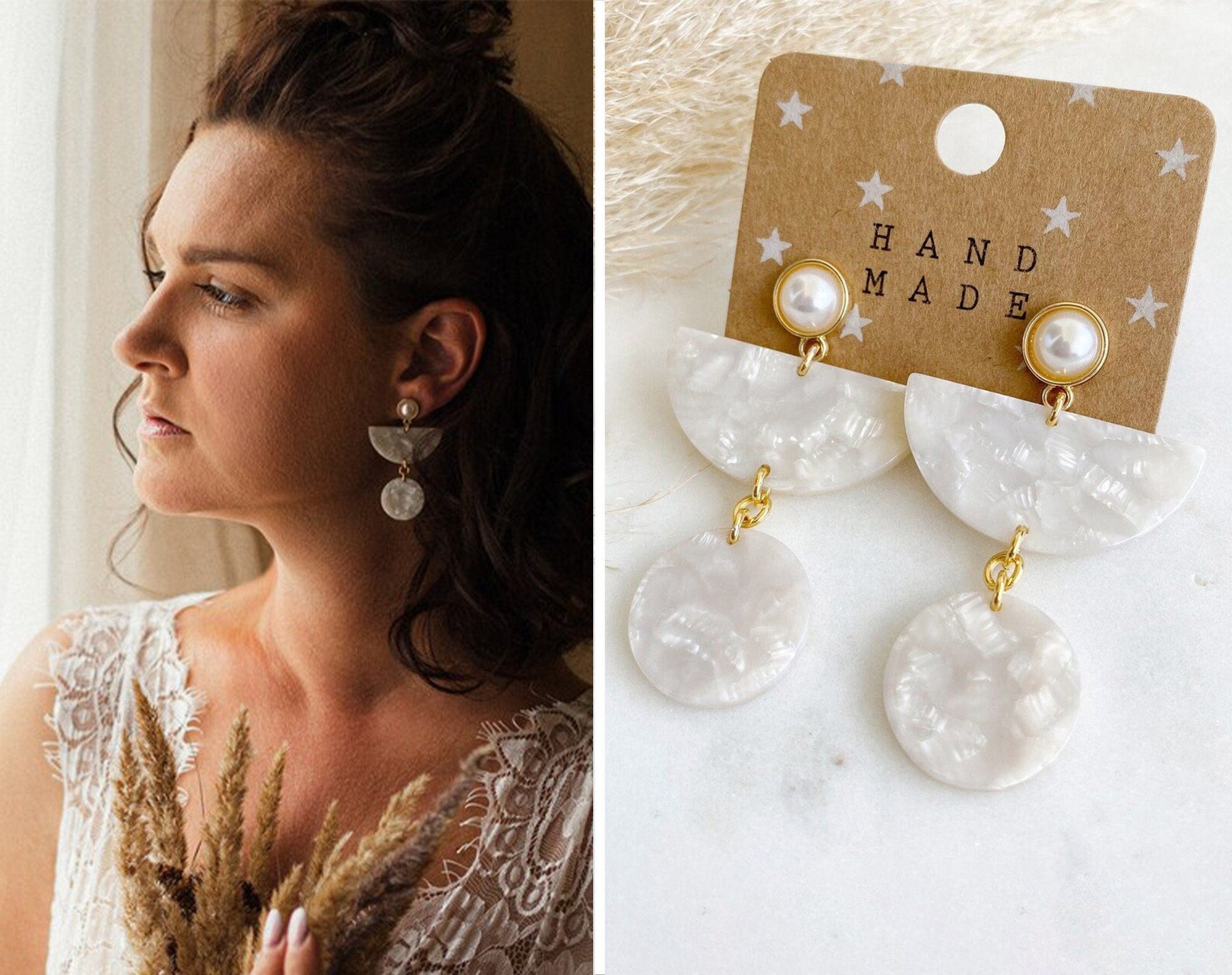 Boho Ohrringe Resin Harz *Blogger Stil* goldene Fassung mit Perle orientalisch weiß creme Hochzeit Süßwasserperle Boho Kreis Statement - Feenmanufaktur