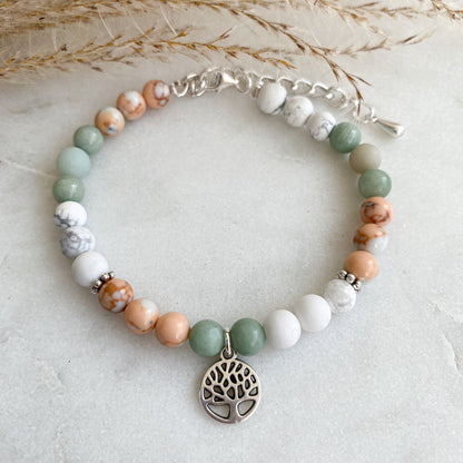 Edelstein Armband *Lebensbaum* Jade Perlen Naturstein silber mint grün - handgemacht individualisierbar marmoriert Perlenarmband Edelsteine - Feenmanufaktur