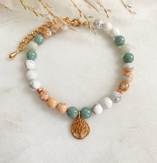 Edelstein Armband Roségold *Lebensbaum* Burma Jade Marmor Perlen Naturstein gold grün - Geburt Geschenk Perlenarmband Geburtstag rosa - Feenmanufaktur
