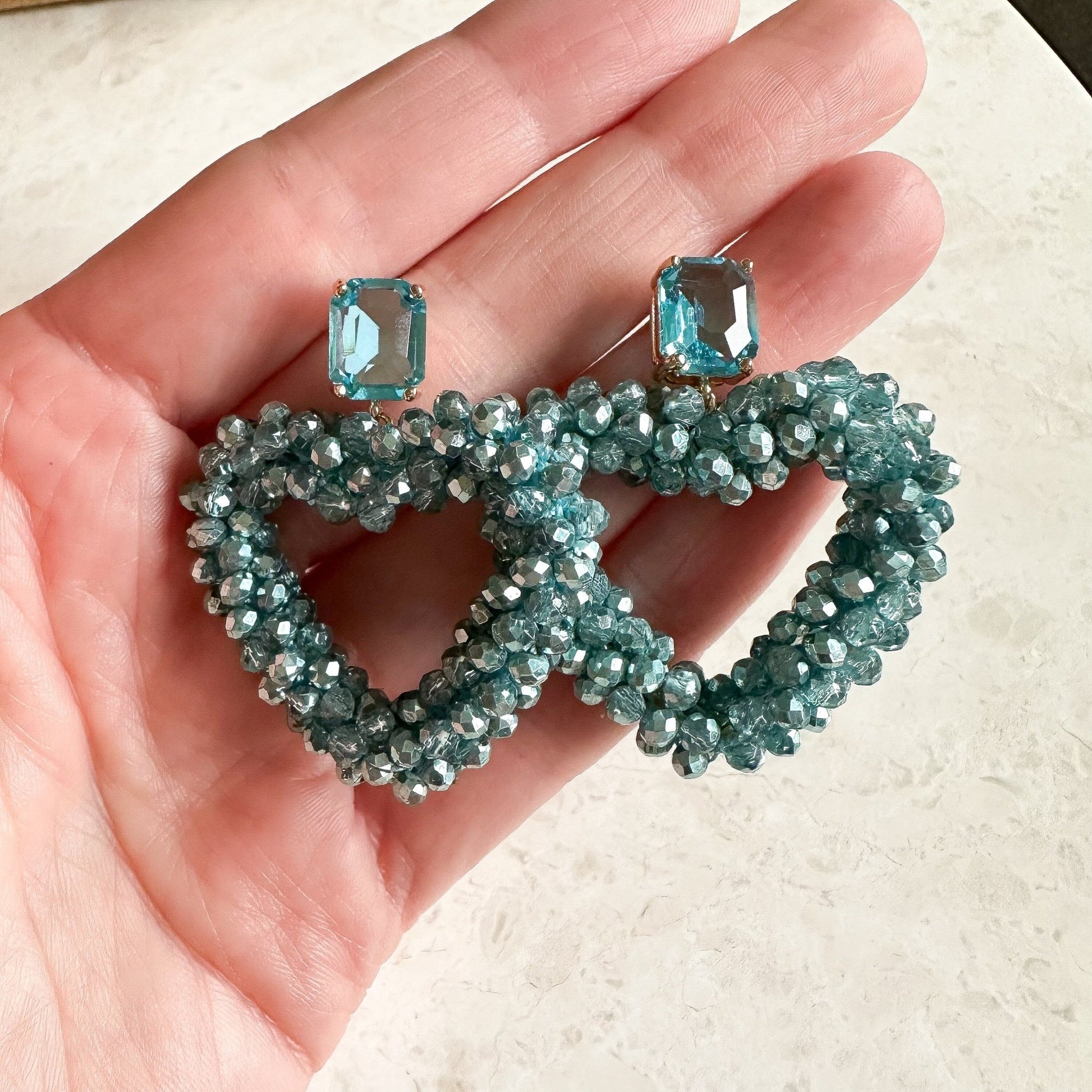 Elegante Glitzer Ohrringe "Herz" türkis/blau Kristallglas - Feenmanufaktur