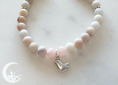 Frühlingsvogel Edelstein Armband Rosenquarz Jade Perlen Naturstein silber rosa - handgemacht - individualisierbar Perlenarmband Edelsteine - Feenmanufaktur