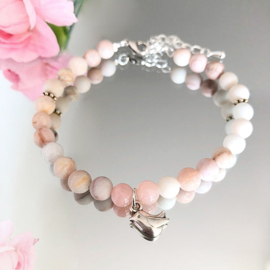 Frühlingsvogel Edelstein Armband Rosenquarz Jade Perlen Naturstein silber rosa - handgemacht - individualisierbar Perlenarmband Edelsteine - Feenmanufaktur