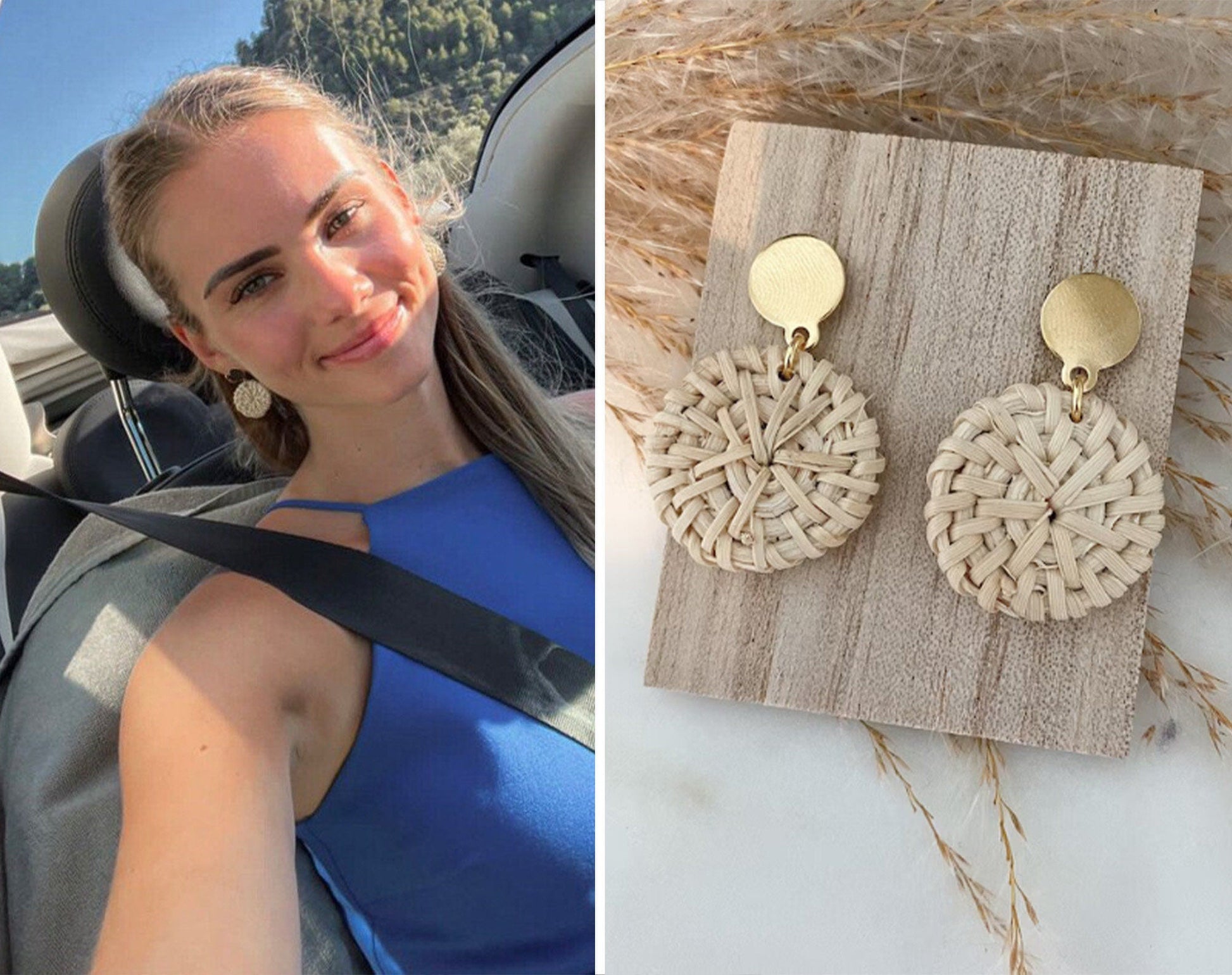 Geflochtene Rattan Ohrringe beige gold - Feenmanufaktur