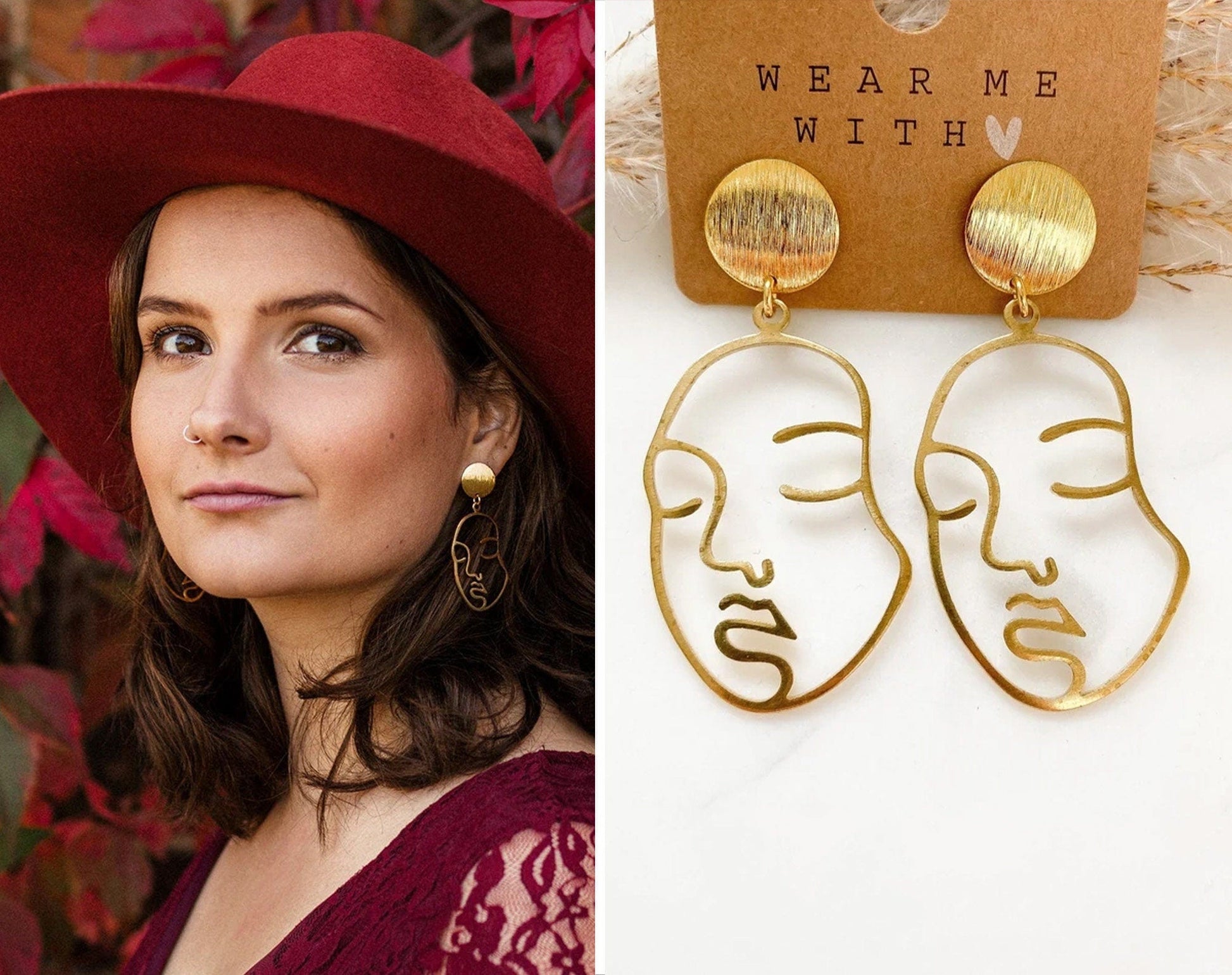 Goldene Boho Ohrringe mit Gesicht - Feenmanufaktur