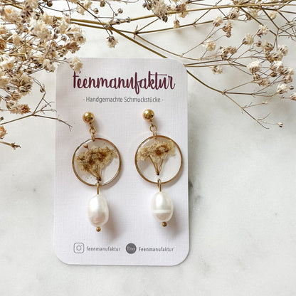 Trockenblumen Ohrringe mit echter Süßwasserperle "Schleierkraut"