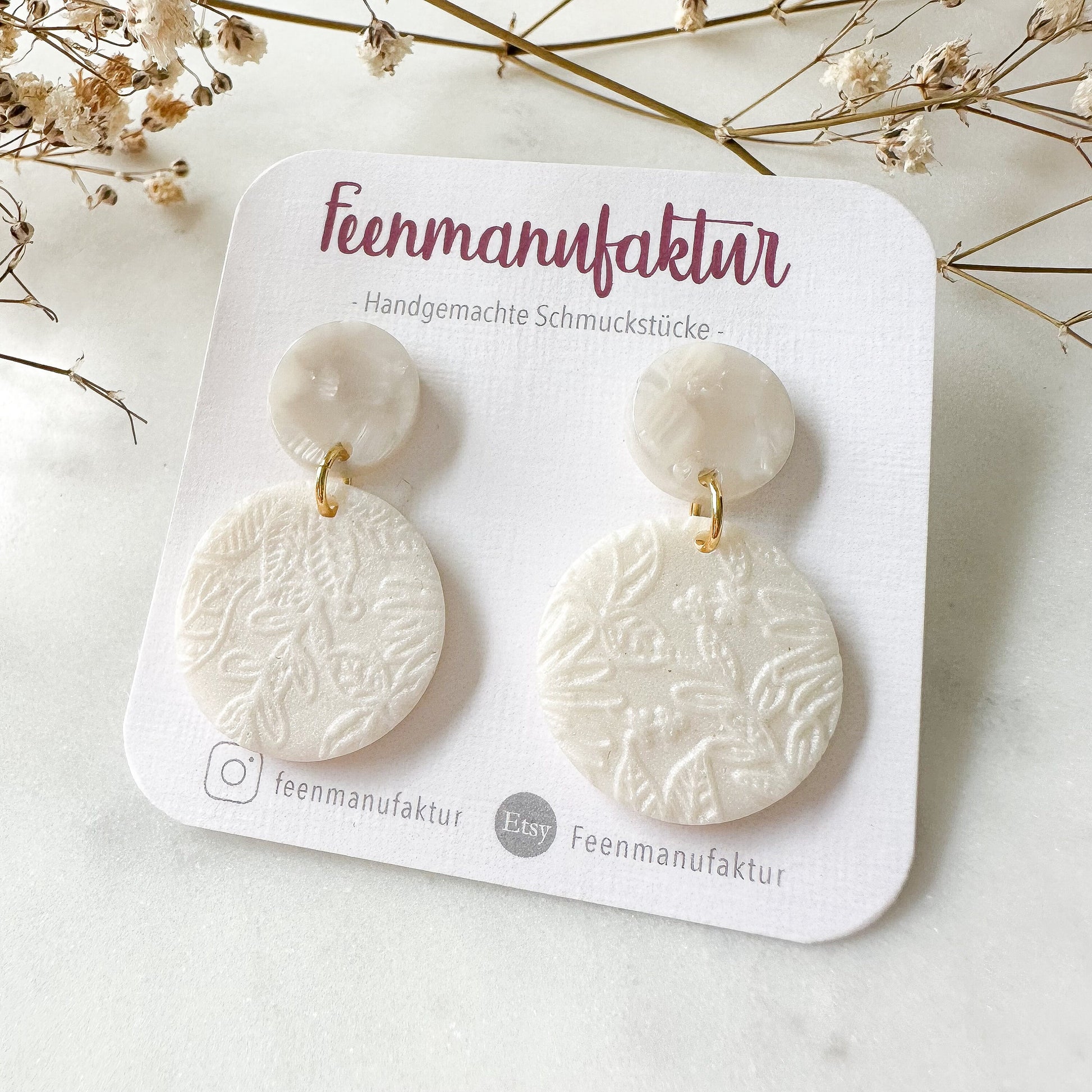 Perlmutt beige Polymer Clay & Resin Mix Circle Ohrringe