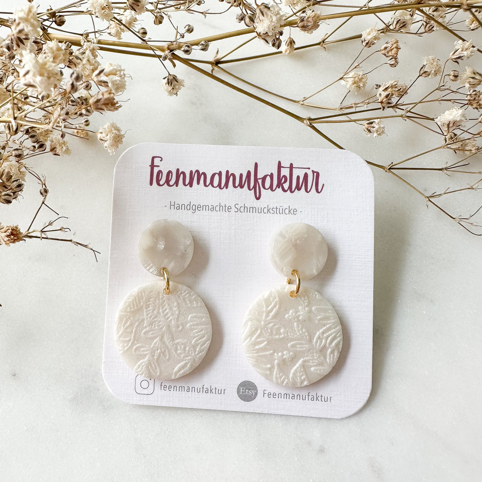 Perlmutt beige Polymer Clay & Resin Mix Circle Ohrringe