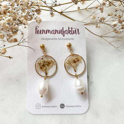 Trockenblumen Ohrringe mit echter Süßwasserperle "Schleierkraut"