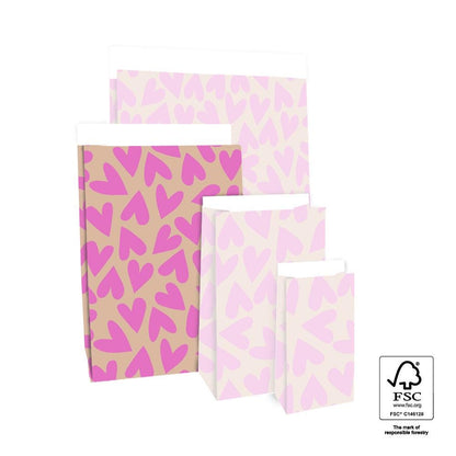 Blockbodenbeutel Tasche aus Papier 17 x 10 x 25 cm mit pinken Herzen